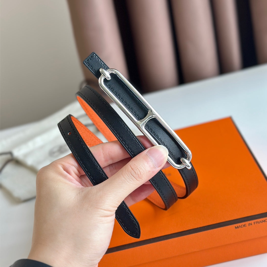 HM ROULIS BUCKLE & REVERSIBLE ORANGE AND BLACK LEATHER STRAP 13MM SILVER HARDWARE mysite