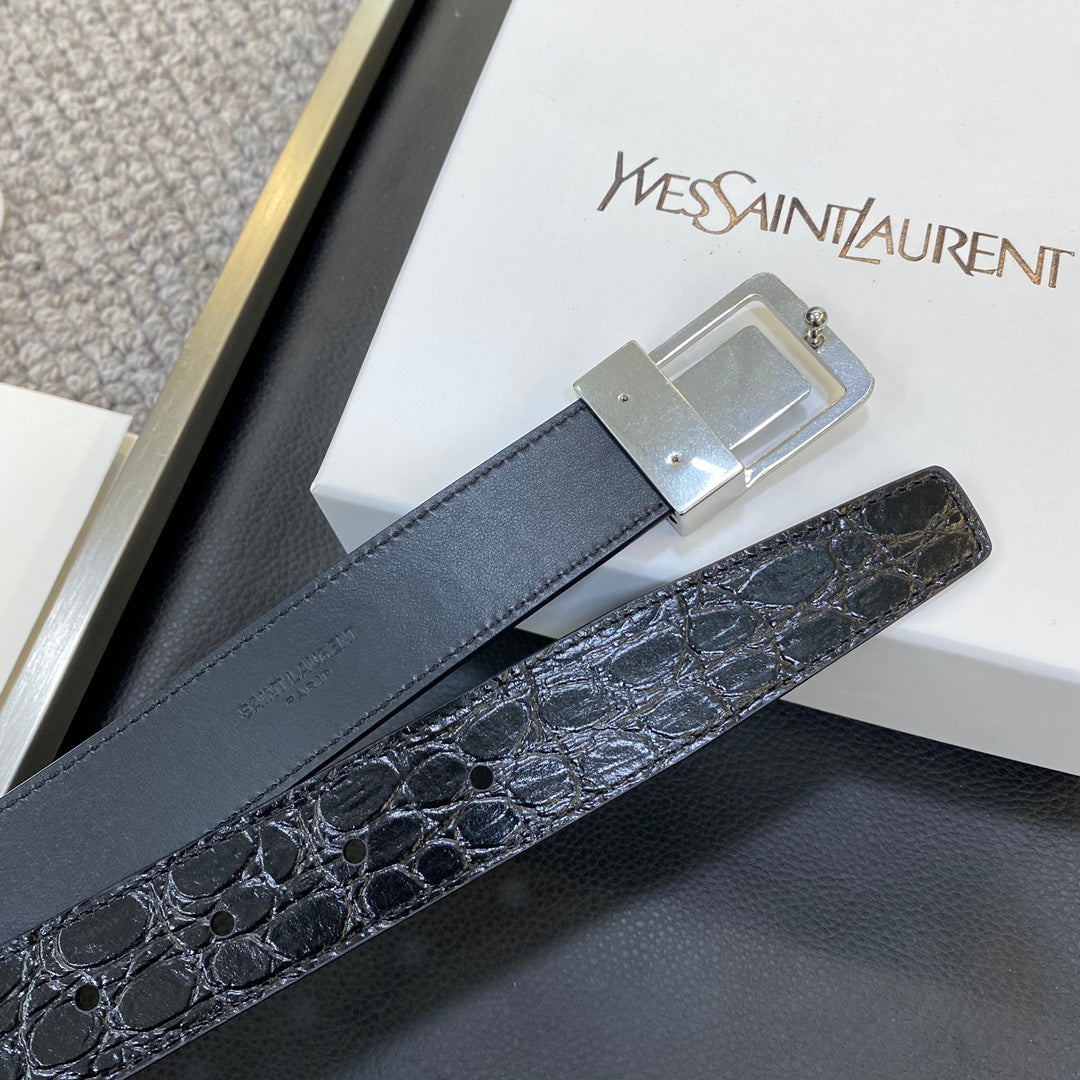 YSL 25S BELT 30 MM IN BLACK EMBOSSED CALFSKIN 464868 mysite