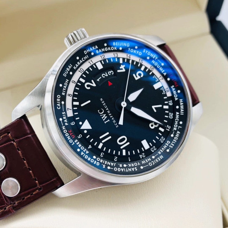 Replica Pilot Worldtimer IW326201 Steel Black Dial Brown Alligator Strap 44mm