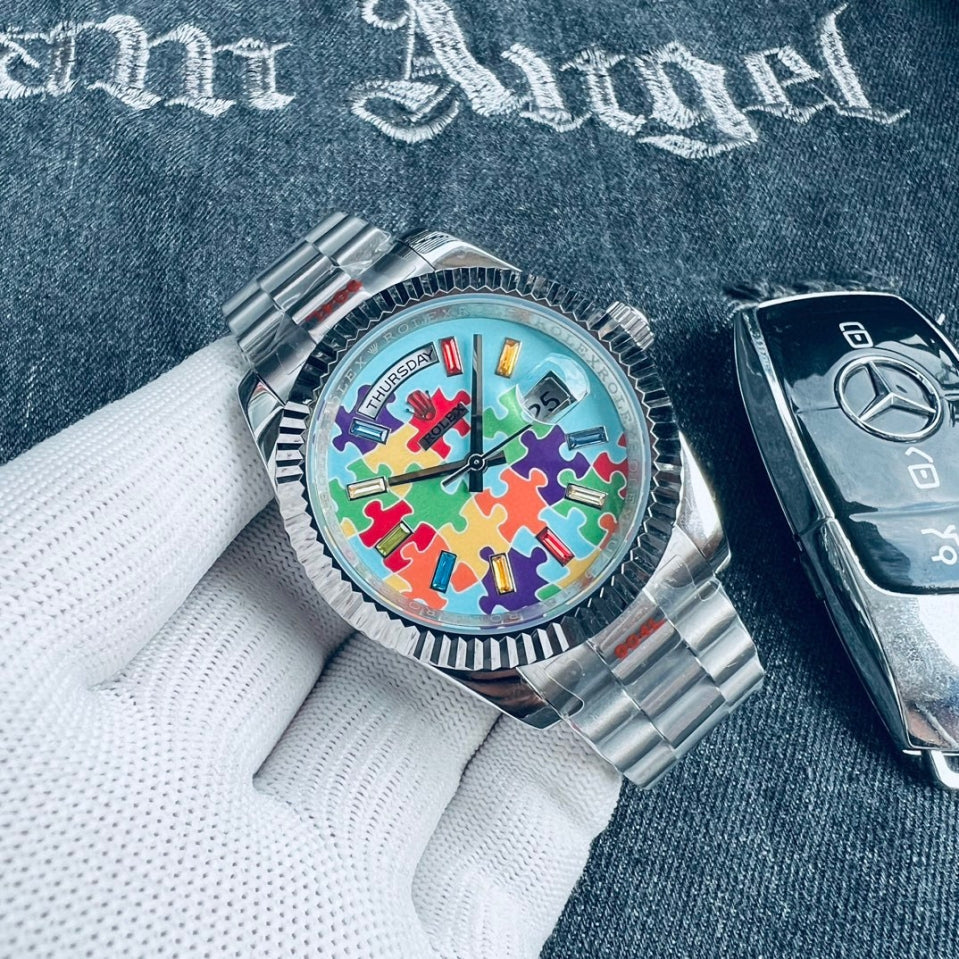 Luxury Automatic Watch for Men Mechanical Wristwatch Stainless Steel Day/Date Puzzle Silver 100210