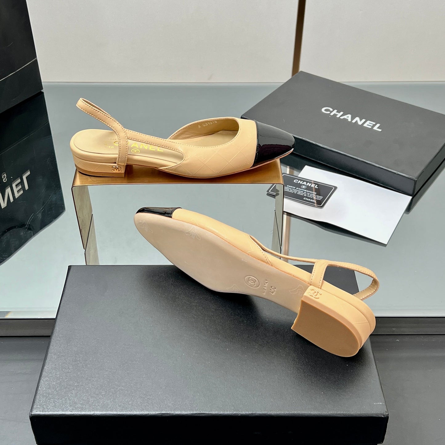 CC SLINGBACK 25S 25 MM IN BEIGE LAMBSKIN AND BLACK GLOSSY LEATHER WITH CHECK PATTERN mysite