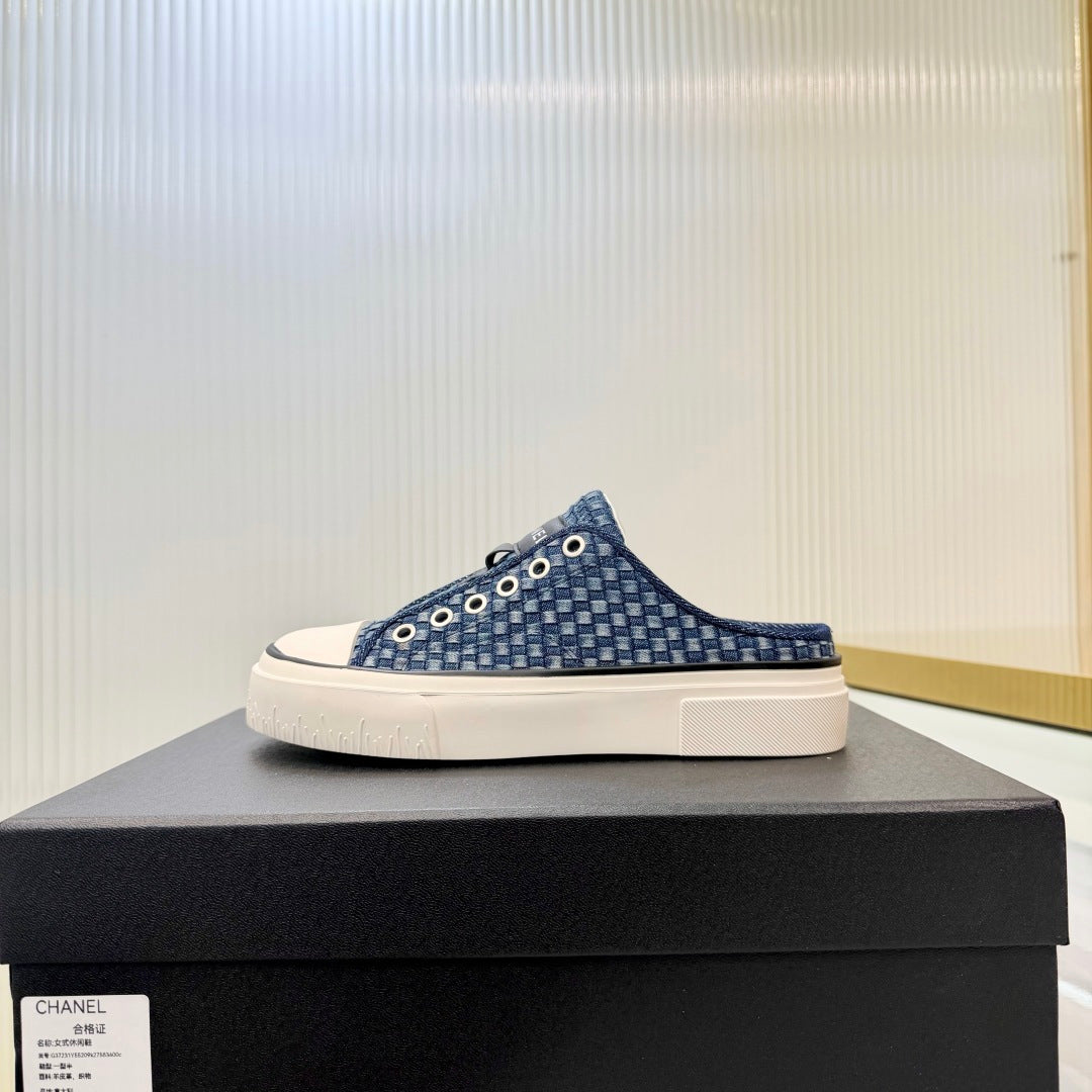 26S MULE SNEAKERS IN NAVY BLUE CHECKERED WOVEN DENIM FABRIC mysite