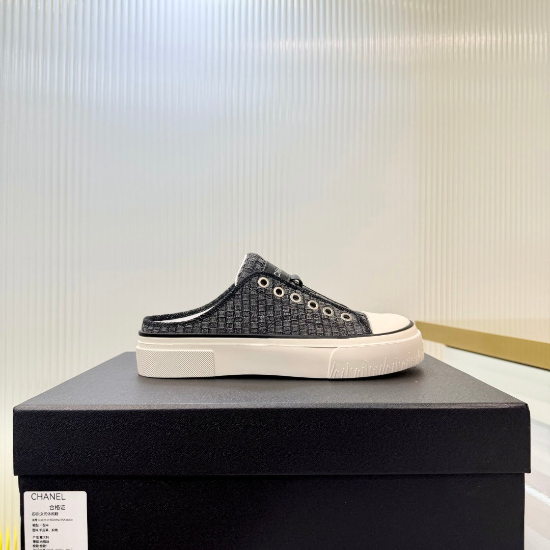 26S MULE SNEAKERS IN BLACK CHECKERED WOVEN DENIM FABRIC mysite