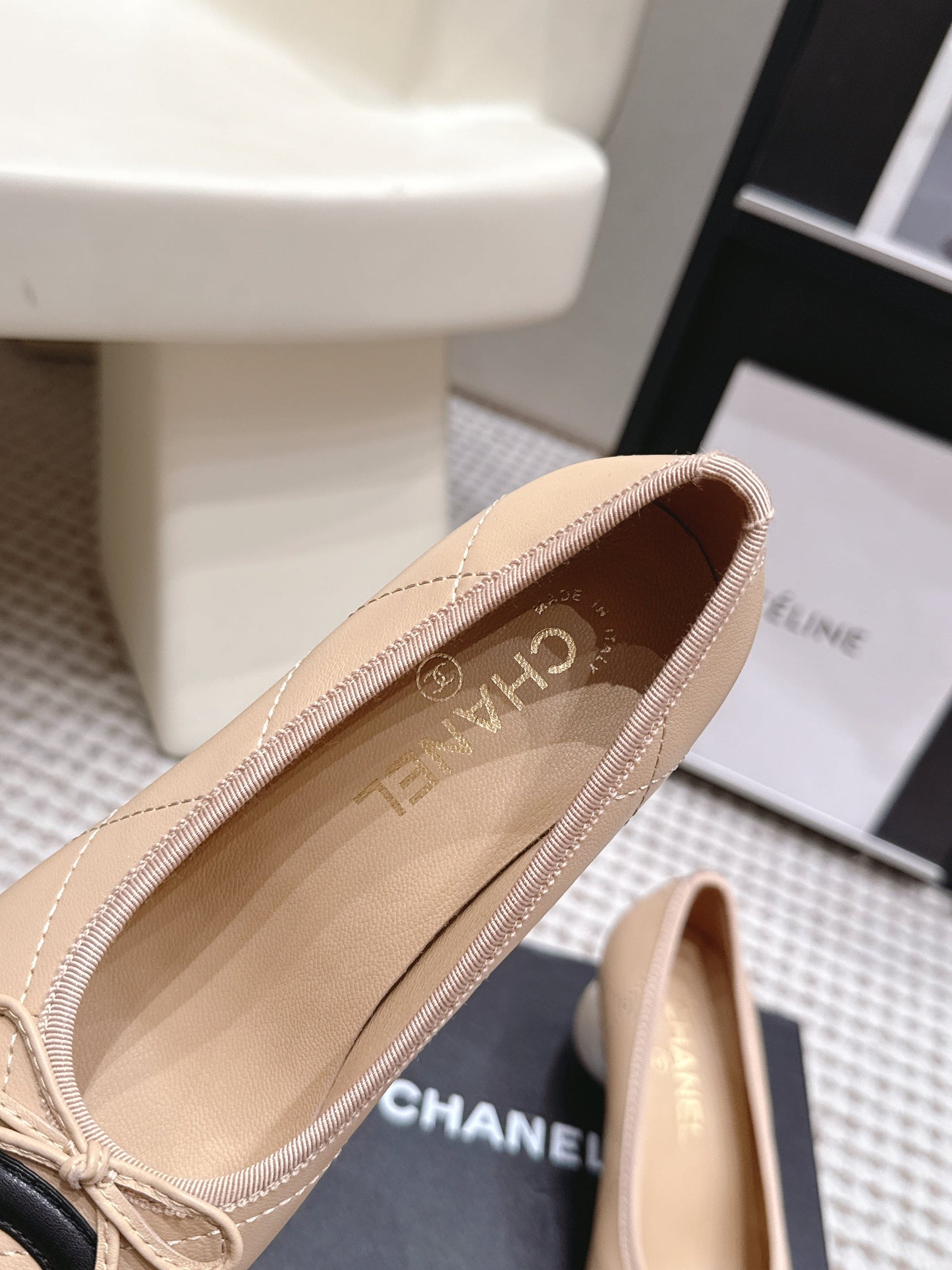CHANEL 26S PEARL HIGH HEELS 55 MM IN BEIGE CALFSKIN WITH BLACK CC LOGO mysite