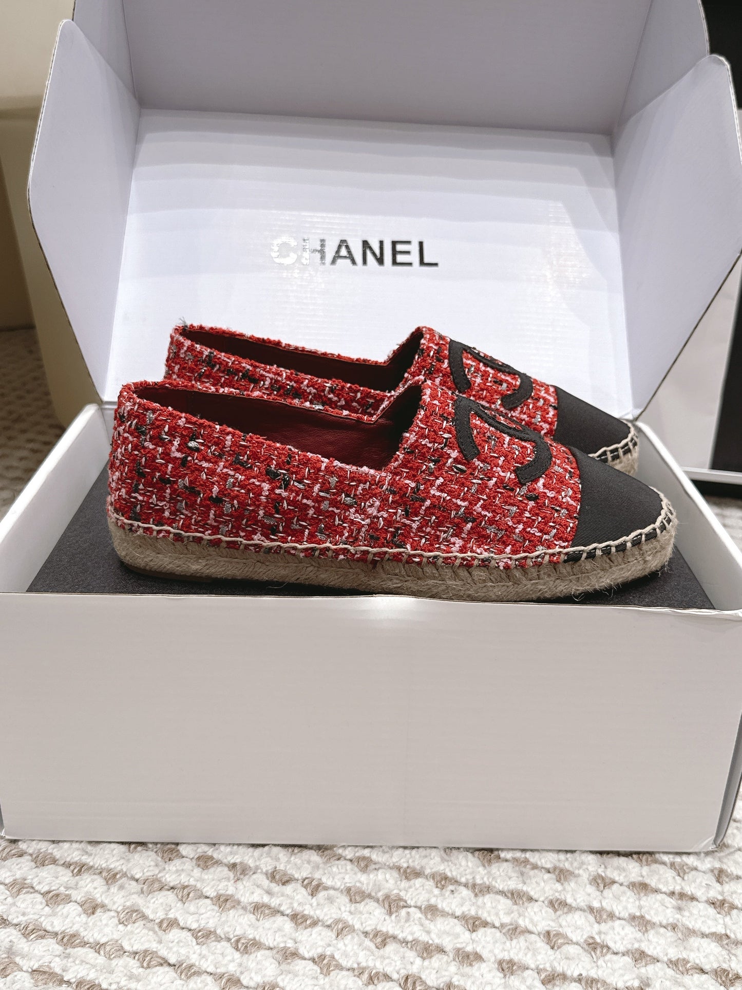 CHANEL 26S SLIP ONS IN RED MIX BLACK TWEED AND PATENT CALFSKIN mysite
