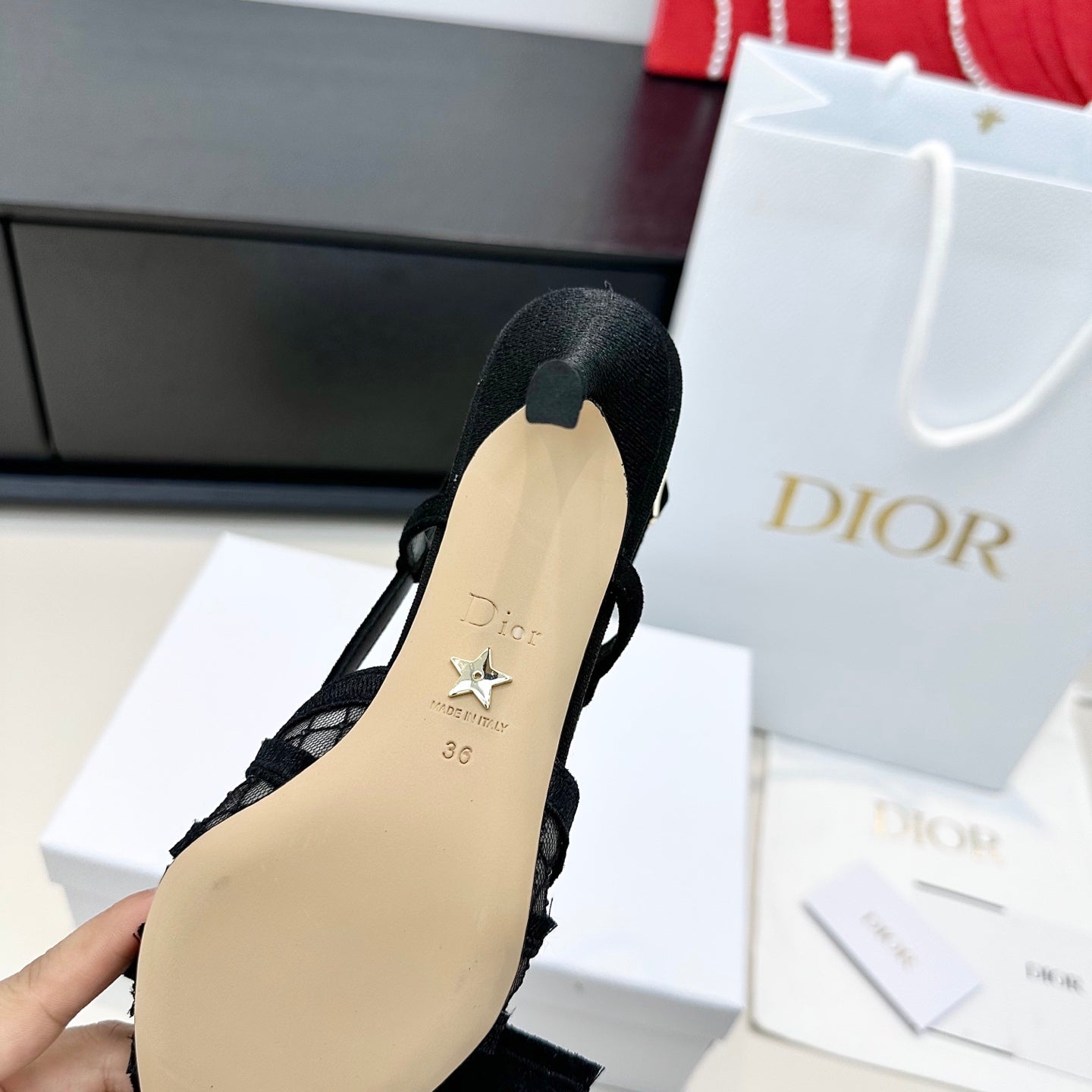 DIOR 26S POINTED TOE HEELED SANDALS 85MM IN BLACK FABRIC WITH PEARL BOW mysite