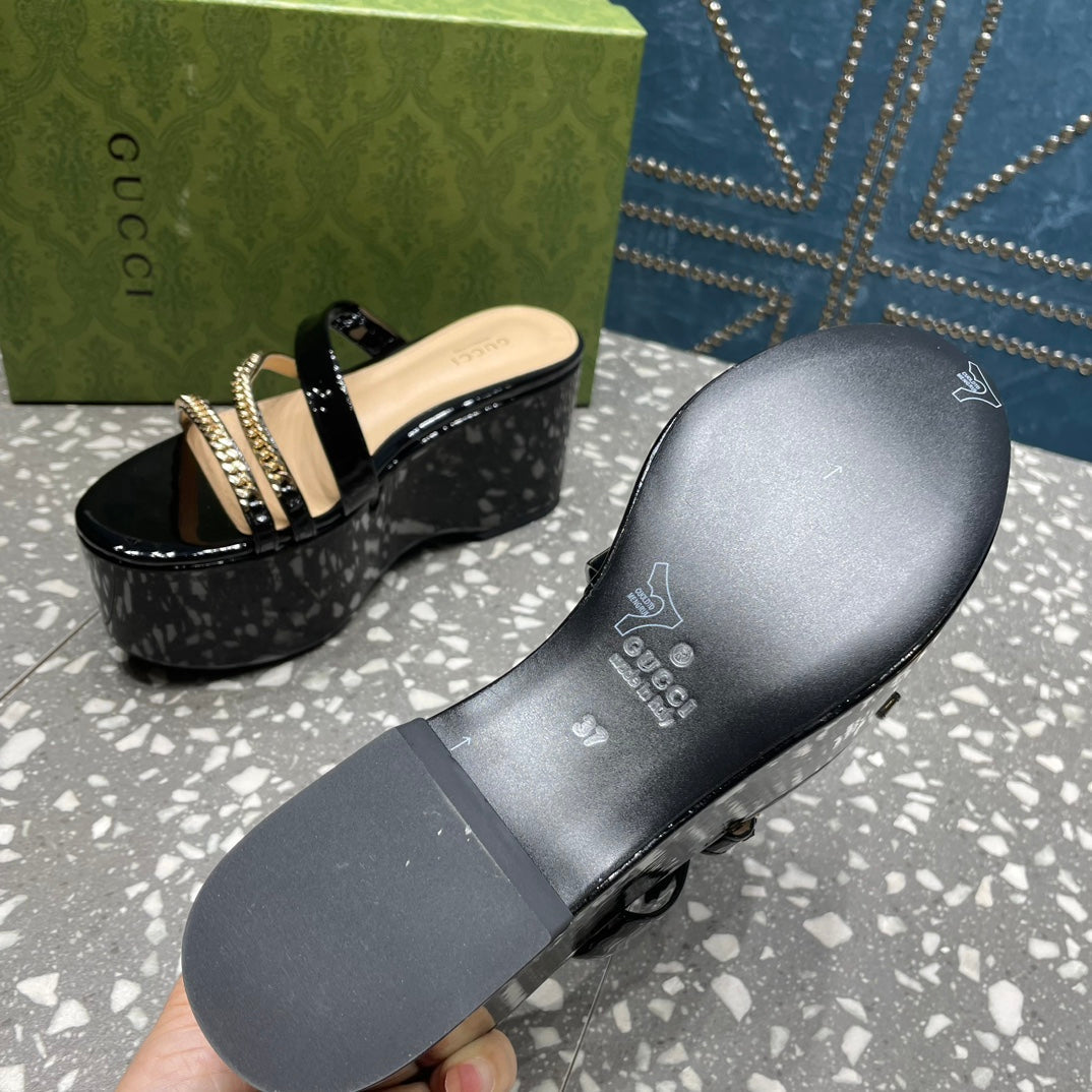 HIGH WEDGE PLATFORM IN BLACK CALFSKIN WITH GOLD HARDWARE mysite