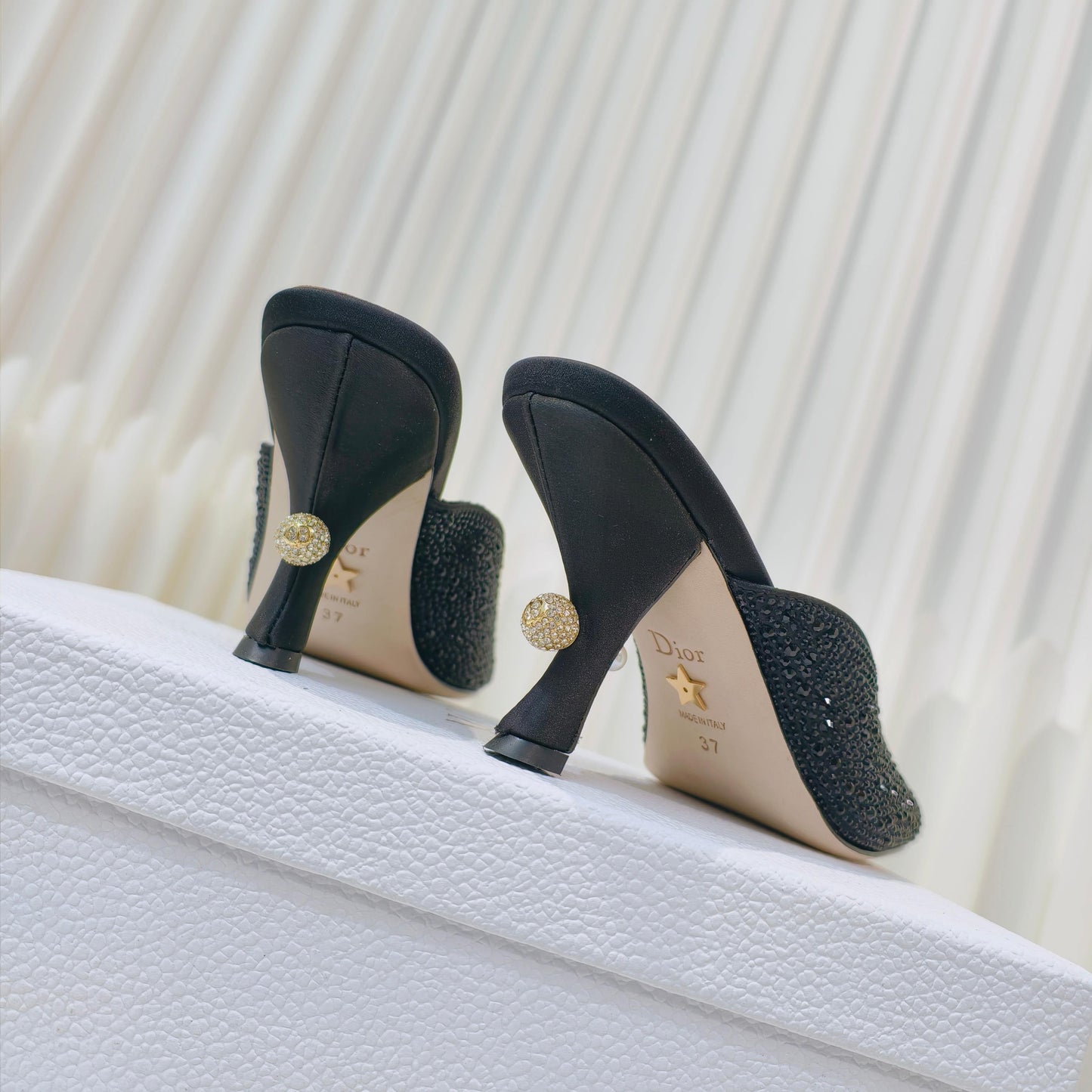 DIOR EMBELLISHED HIGH HEEL SLIDES 25S IN BLACK SATIN AND CALFSKIN mysite