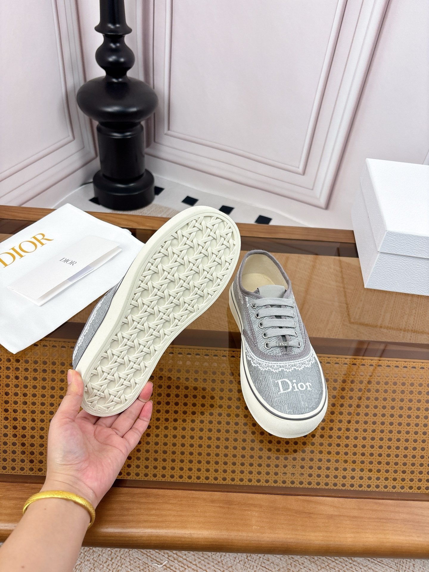 26S LOW TOP SNEAKERS IN GREY CANVAS WITH WHITE LACE TRIM & LOGO PRINT mysite