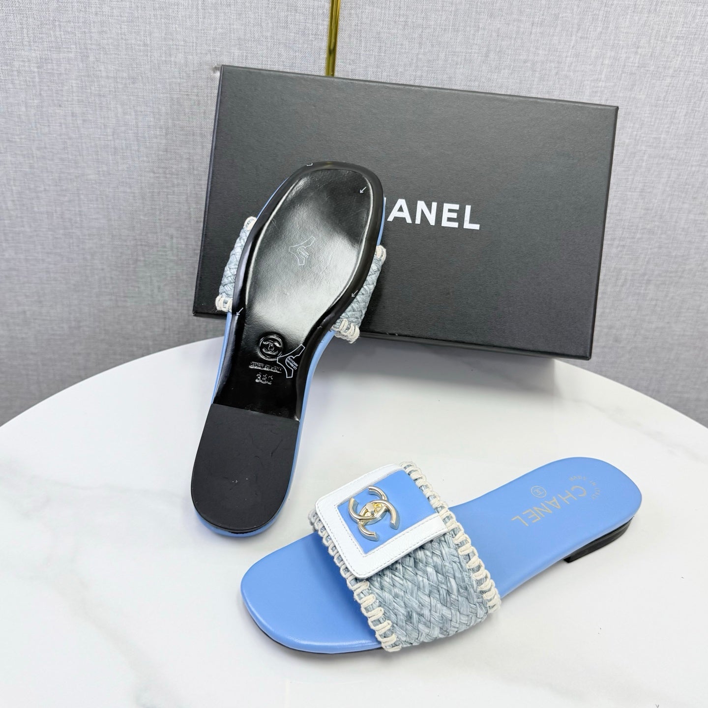 26S WOVEN STRAP SLIDES IN SKY BLUE LAMBSKIN mysite