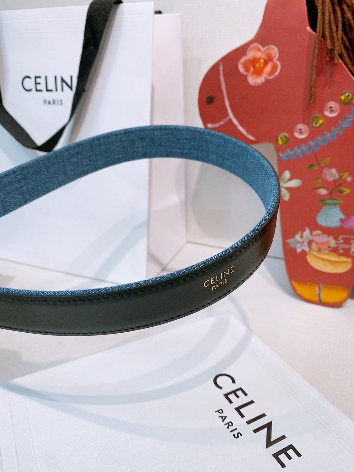 CELINE 26S BELT 25 MM IN BLUE DENIM AND BLACK CALFSKIN 631596 mysite