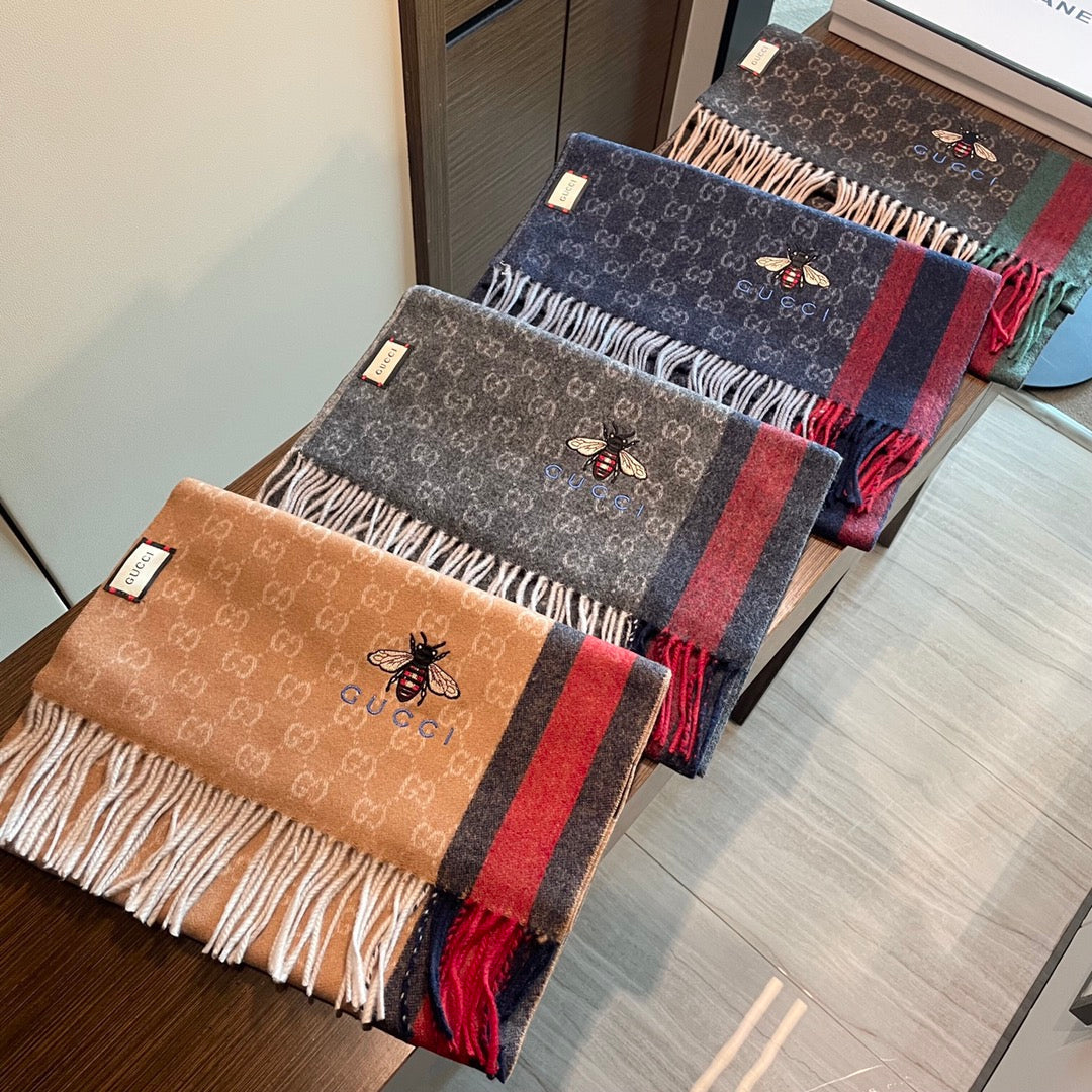 STRIPED SCARF 200 CM IN DARK GRAY CASHMERE WITH EMBROIDERED BEE 398533 mysite