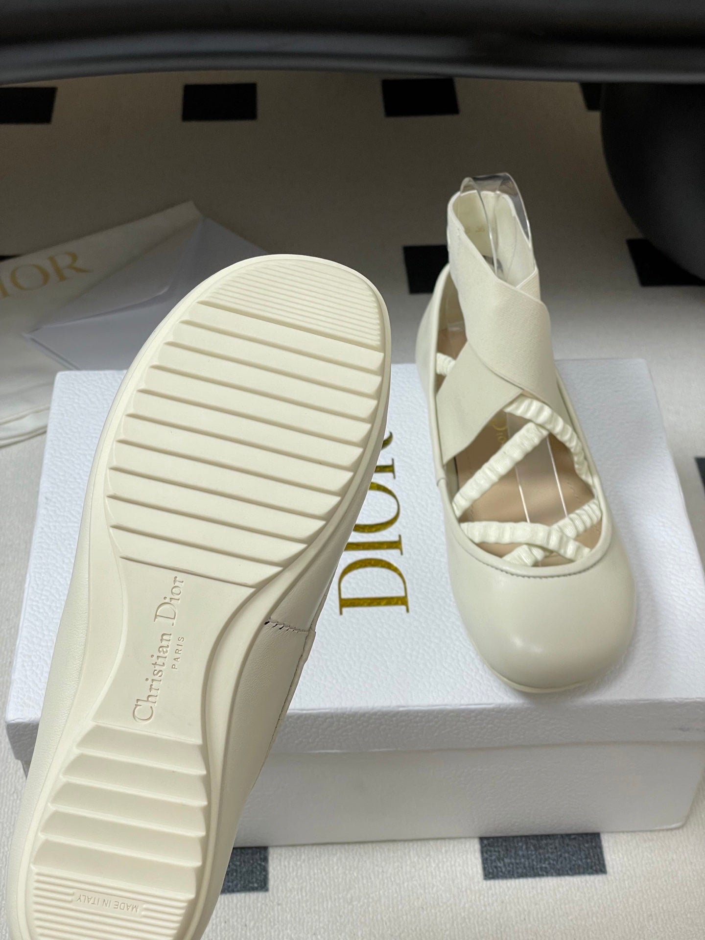 DIOR STRETCH BALLET FLATS 25S IN CREAM WHITE LAMBSKIN WITH CROSSED STRAPS mysite