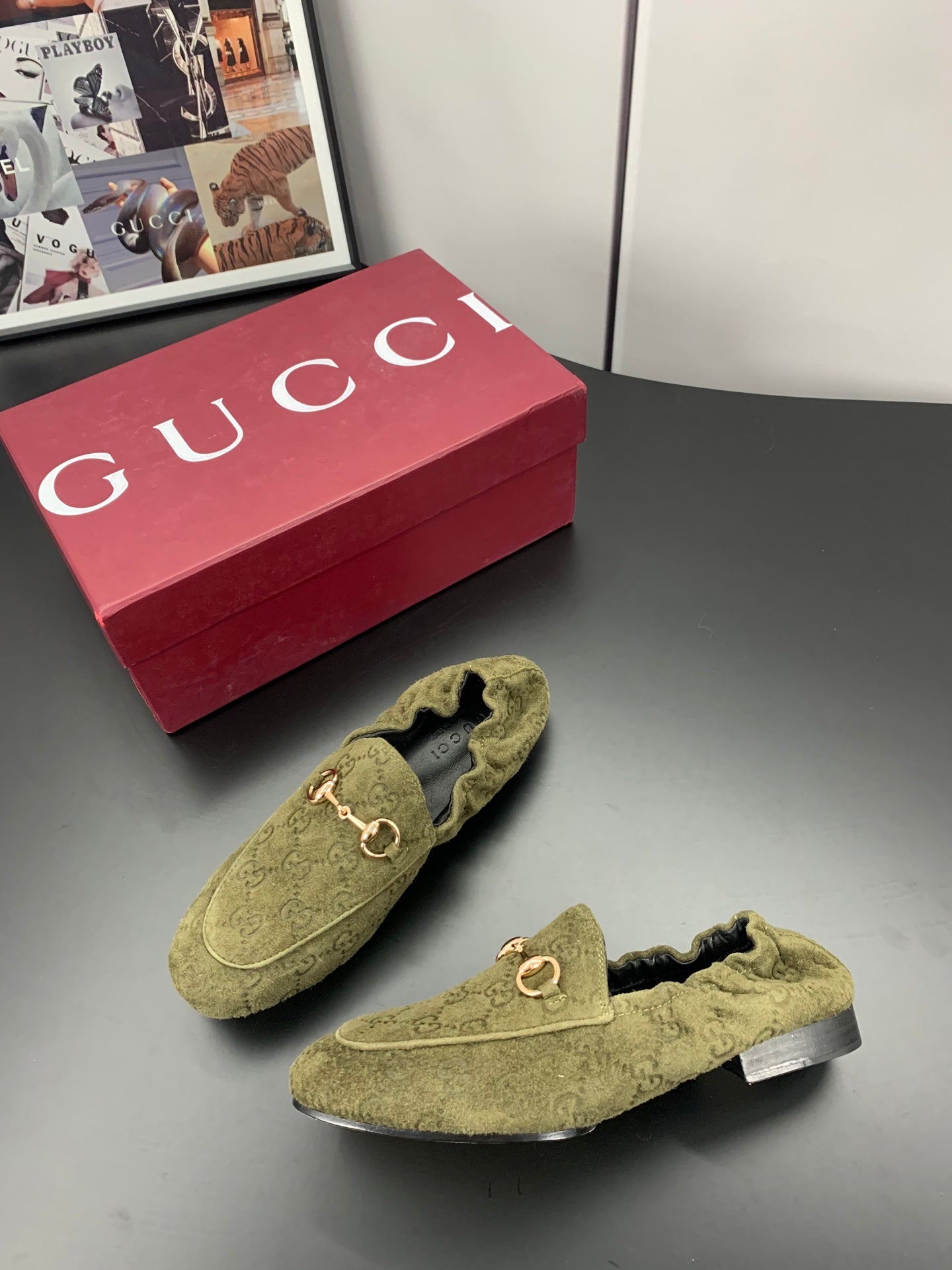 26S LOAFERS IN MOSS GREEN SUEDE WITH GOLD HARDWARE mysite
