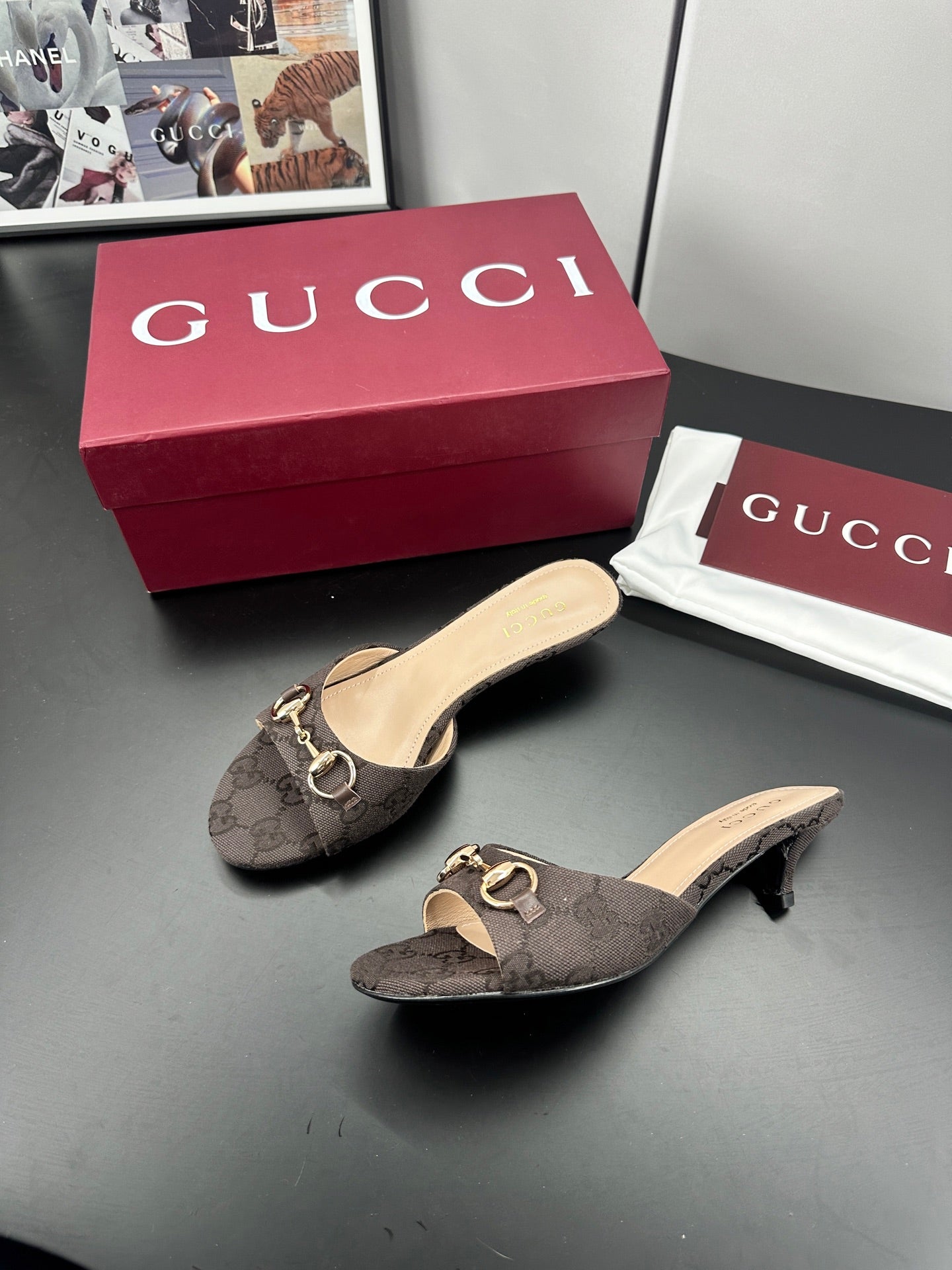 GUCCI 26S HIGH-HEELED SANDALS 50 MM IN DARK BROWN CANVAS mysite