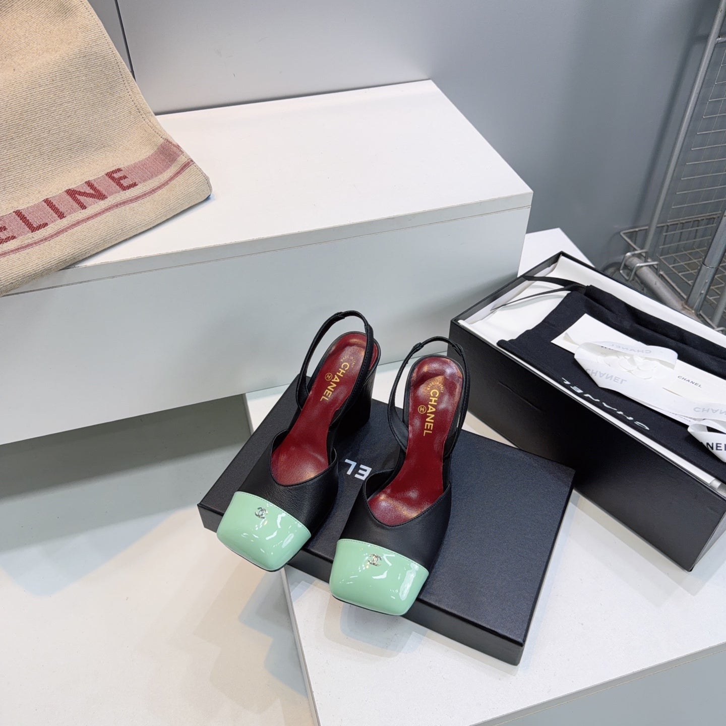 CHANEL 26S SLINGBACK 95 MM IN BLACK LAMBSKIN WITH MINT GREEN CAP TOE mysite