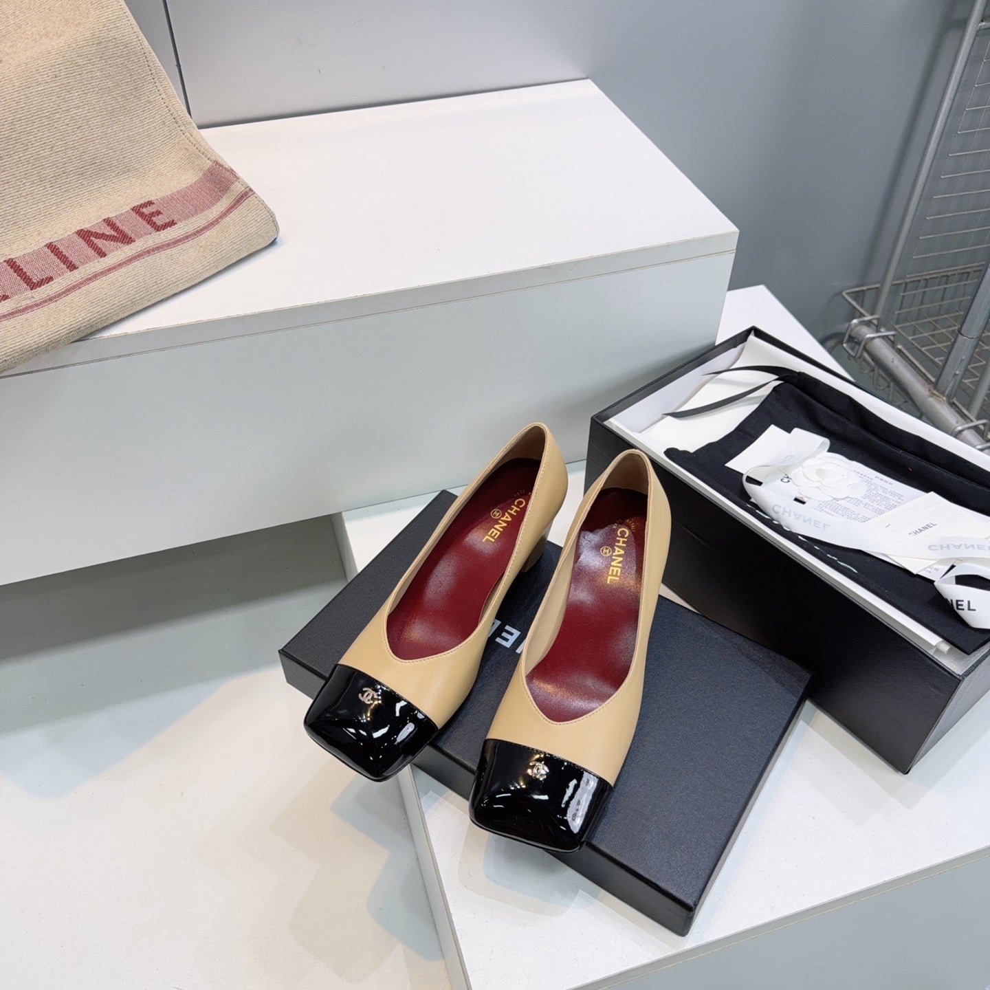 CHANEL 26S SQUARE-TOE HIGH HEELS 55 MM IN BEIGE LAMBSKIN WITH BLACK CAP TOE mysite