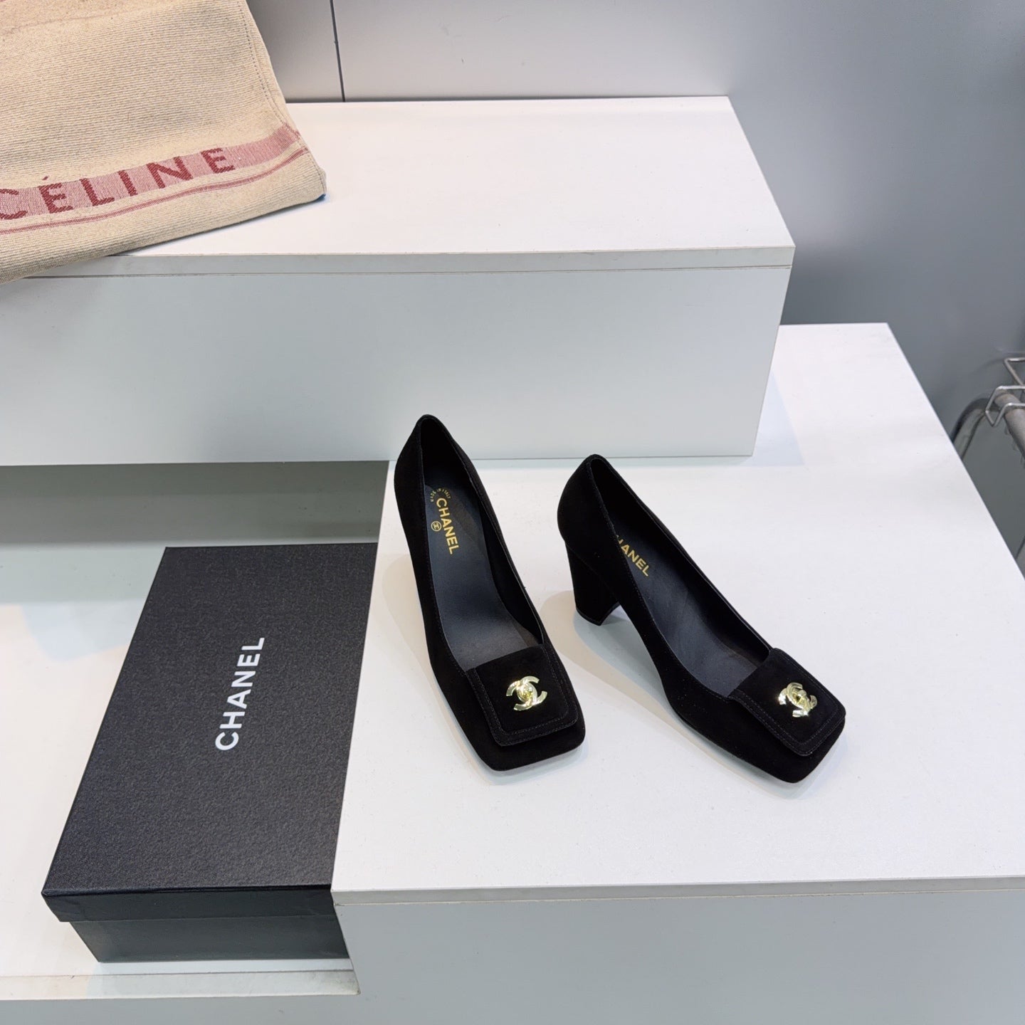 CHANEL 26S SQUARE-TOE HIGH HEELS 95 MM IN BLACK SUEDE mysite