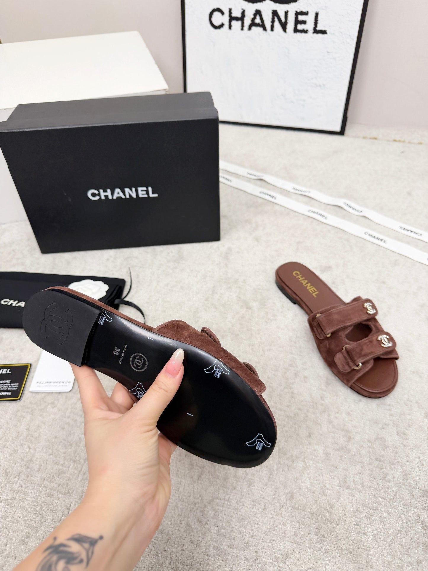 26S DOUBLE STRAP SLIDE SANDALS IN BROWN SUEDE AND CALFSKIN mysite