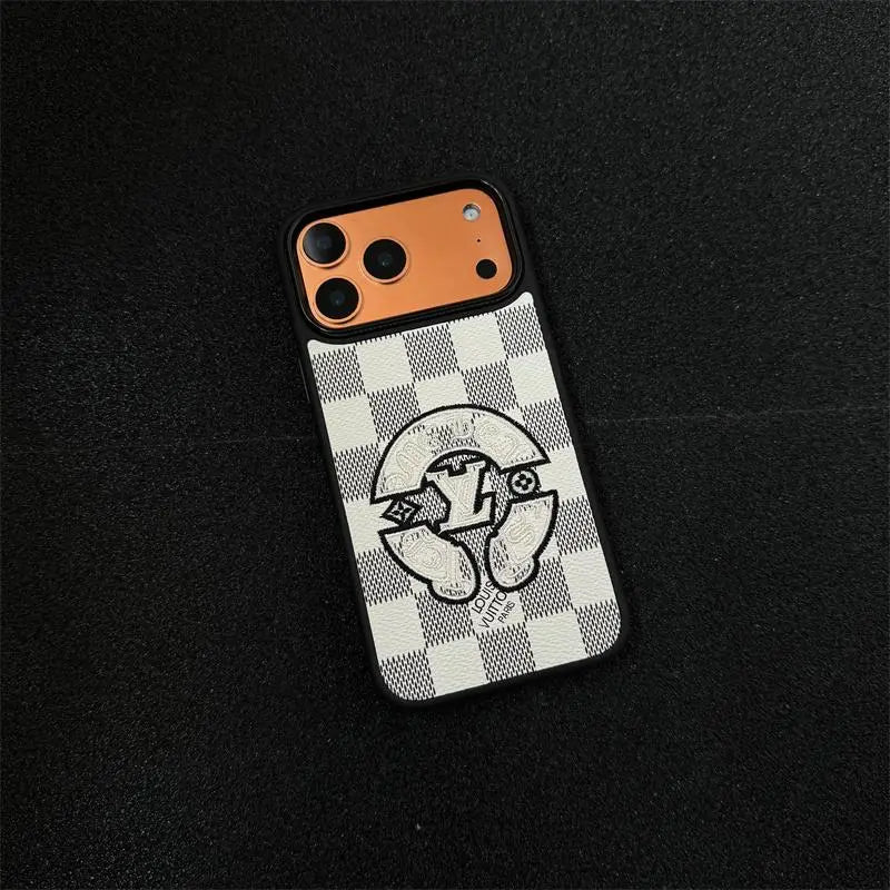 Embroidered Leather-Texture Checkerboard Phone Case with Raised Stitch Emblem-s2 mysite