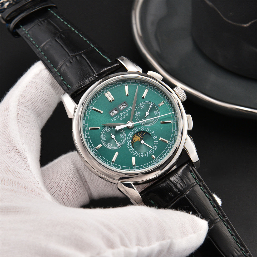 Replica Leather Moon Phase Stainless Steel Automatic Mechanical Watch 40mm