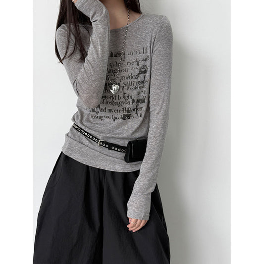 Unique Design Graffiti Letter Long Sleeve T-shirt for Women, Summer Silk Wool Base Layer
