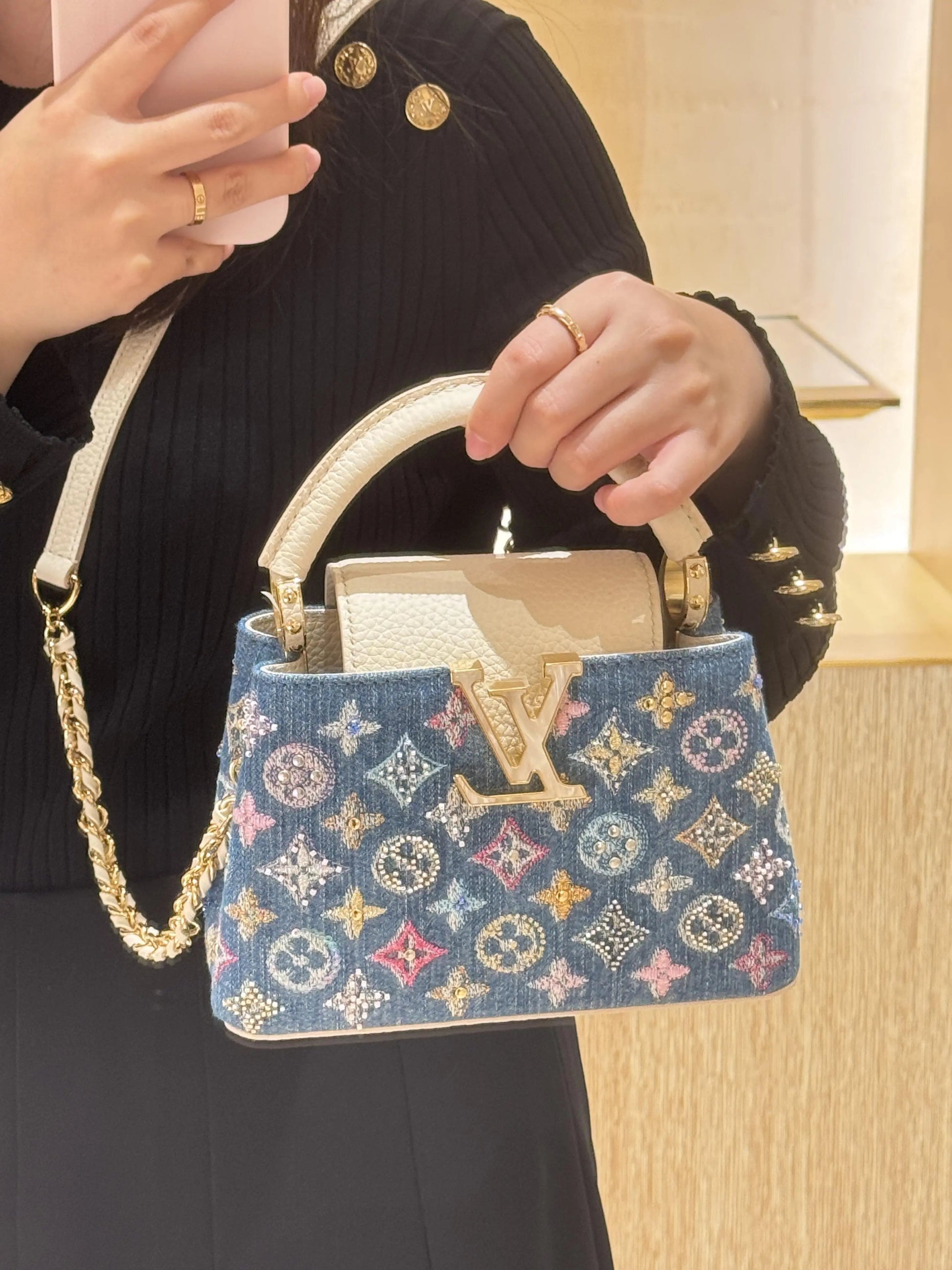 Luxury Denim Embellished Capucines Mini Bag-18 mysite