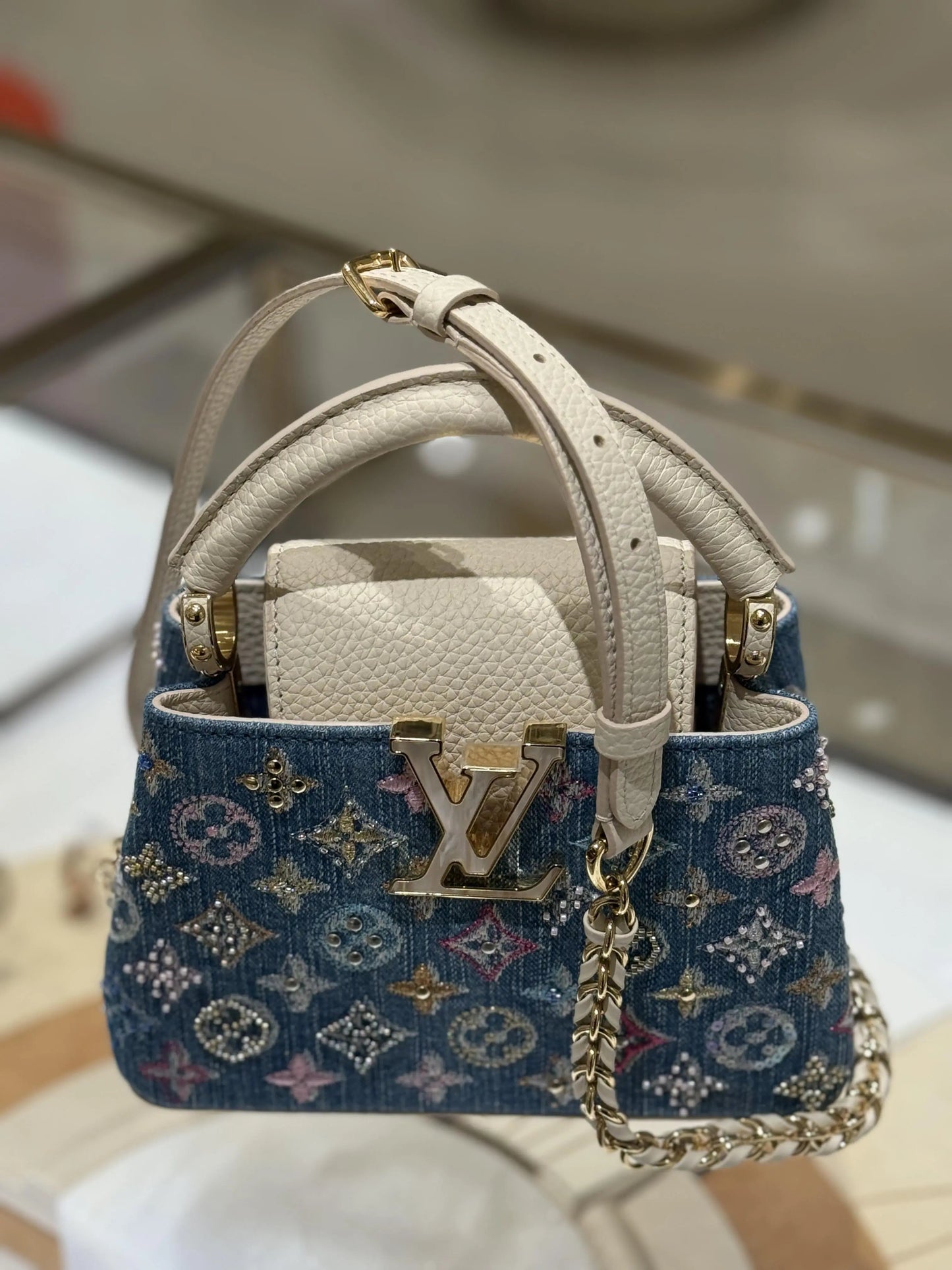 Luxury Denim Embellished Capucines Mini Bag-18 mysite