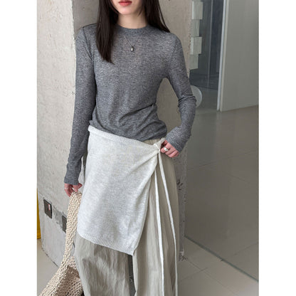 Deer West  sheer textured versatile women's undershirt, spring new commuting inner long sleeve T-shirt
