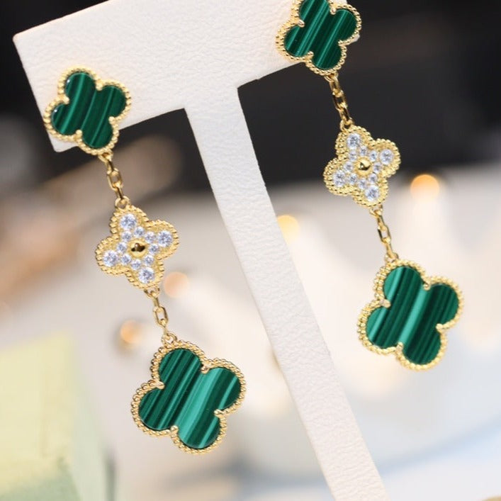 EARRINGS GOLD MALACHITE DIAMOND 3 MOTIF mysite