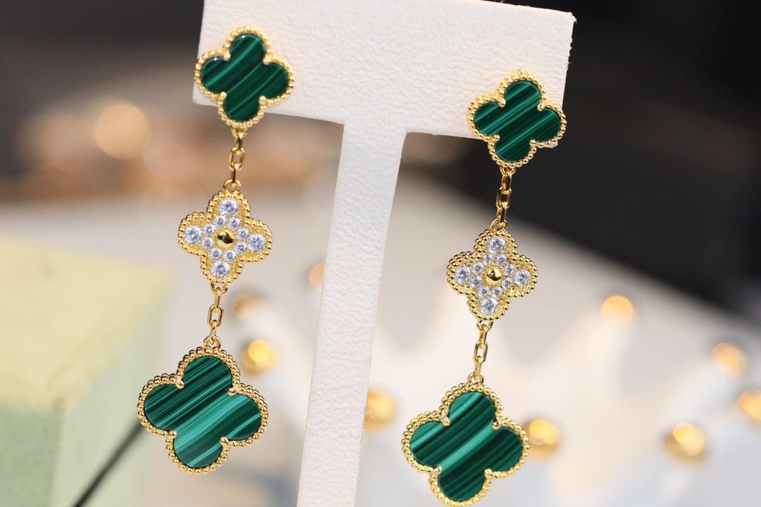 EARRINGS GOLD MALACHITE DIAMOND 3 MOTIF mysite