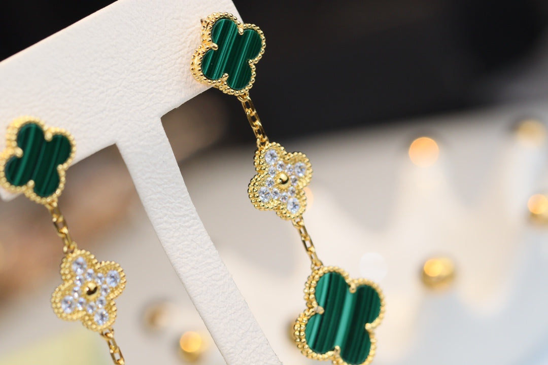 EARRINGS GOLD MALACHITE DIAMOND 3 MOTIF mysite