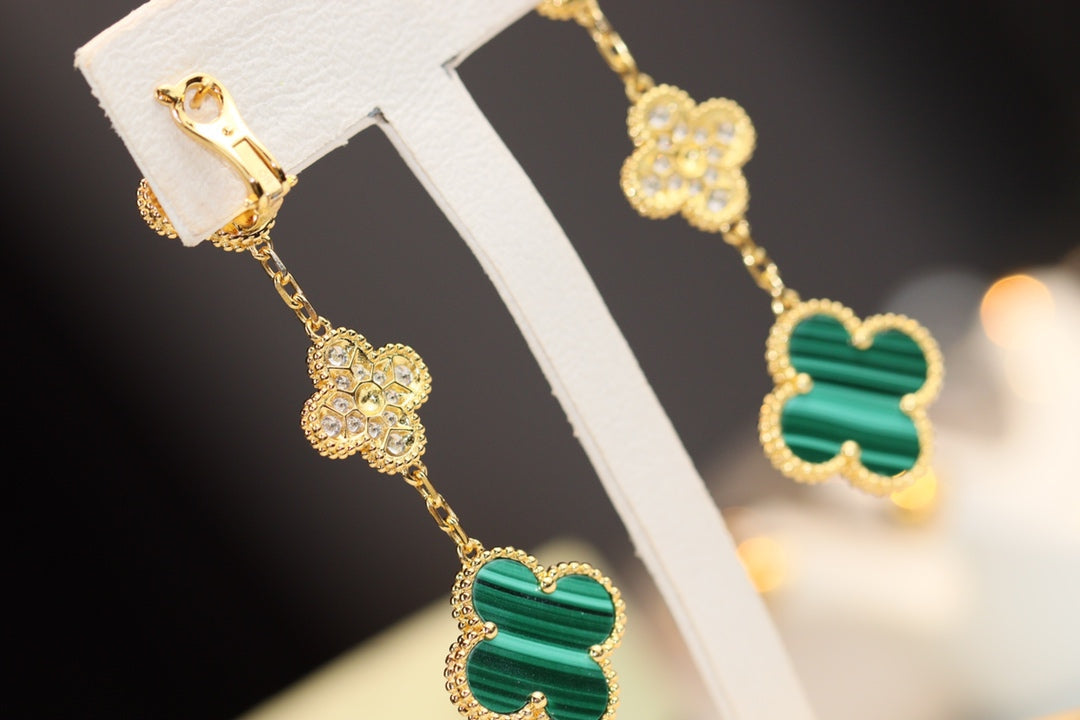 EARRINGS GOLD MALACHITE DIAMOND 3 MOTIF mysite