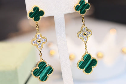 EARRINGS GOLD MALACHITE DIAMOND 3 MOTIF mysite