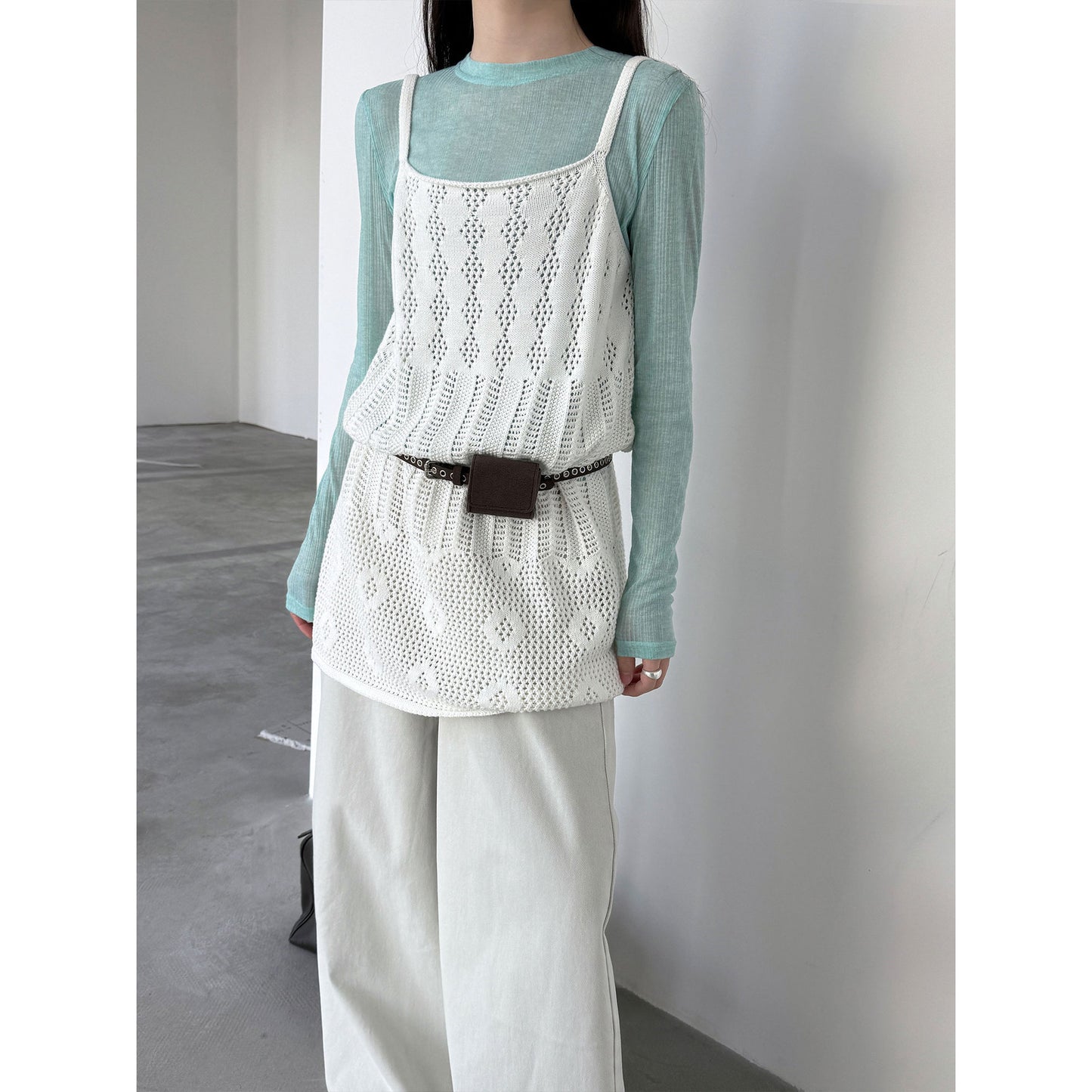 Deer West  sheer textured versatile women's undershirt, spring new commuting inner long sleeve T-shirt