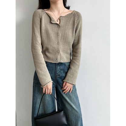 Edge Round Neck Knit Cardigan Women Versatile Minimalist Sweater Short Top