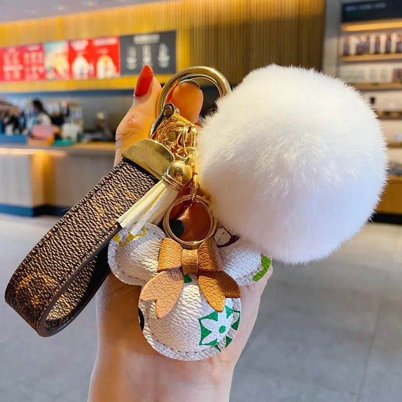 Luxury Mickey Keychain – Faux Leather & Fur Pom Charm-s2 mysite