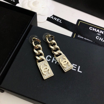 CHANEL 26S DOUBLE C LOGO CHAIN LINK RECTANGULAR PAVE CRYSTAL DROP EARRINGS IN GOLD METAL 631078 mysite