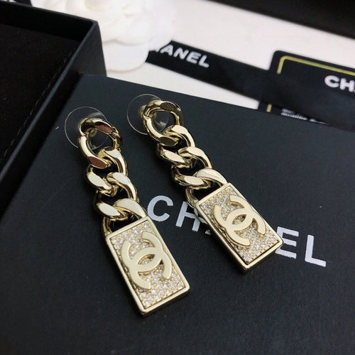 CHANEL 26S DOUBLE C LOGO CHAIN LINK RECTANGULAR PAVE CRYSTAL DROP EARRINGS IN GOLD METAL 631078 mysite