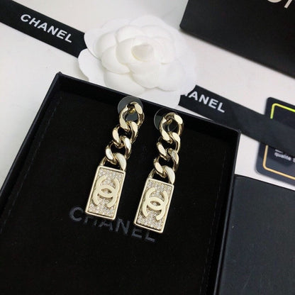 CHANEL 26S DOUBLE C LOGO CHAIN LINK RECTANGULAR PAVE CRYSTAL DROP EARRINGS IN GOLD METAL 631078 mysite