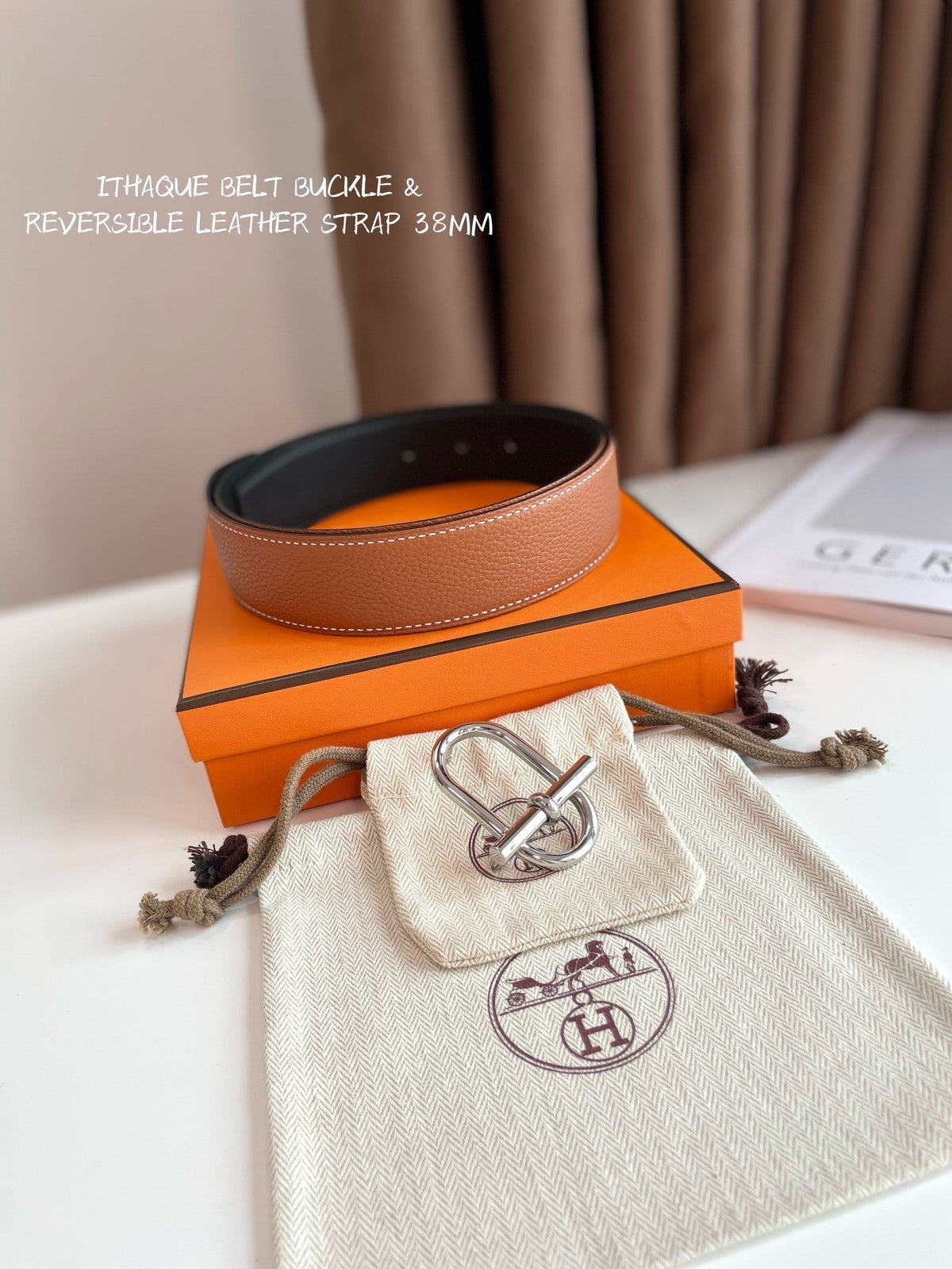 HM ITHAQUE BELT SILVER BUCKLE & REVERSIBLE CINNAMON BROWN AND BLACK LEATHER STRAP 38MM mysite