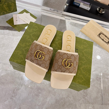 GG EXCLUSIVE SLIDE SANDAL IVORY AND BROWN FABRIC mysite