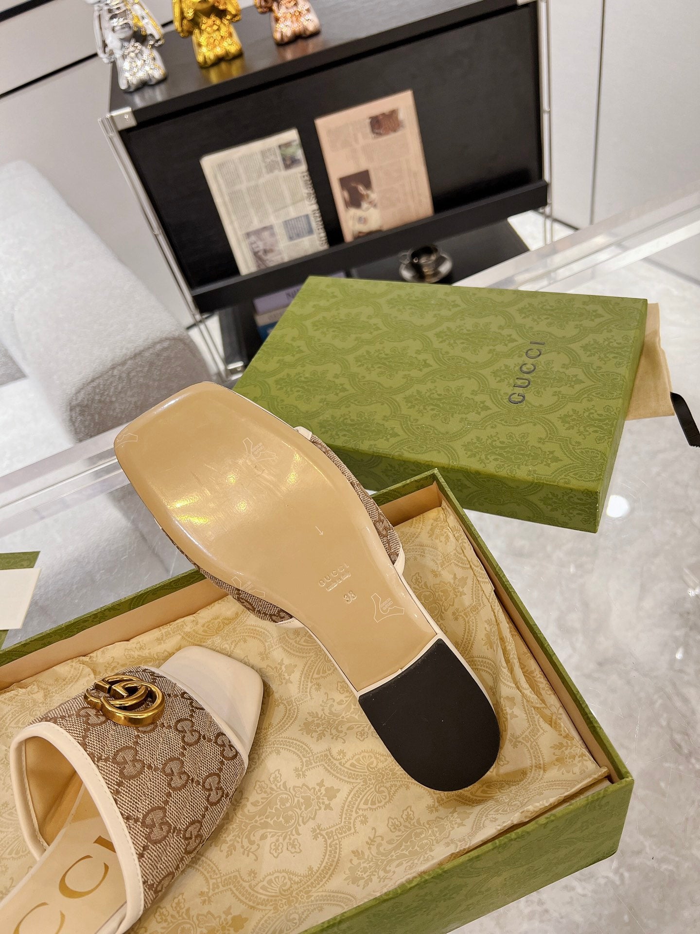 GG EXCLUSIVE SLIDE SANDAL IVORY AND BROWN FABRIC mysite
