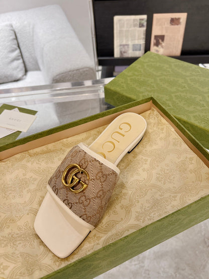 GG EXCLUSIVE SLIDE SANDAL IVORY AND BROWN FABRIC mysite