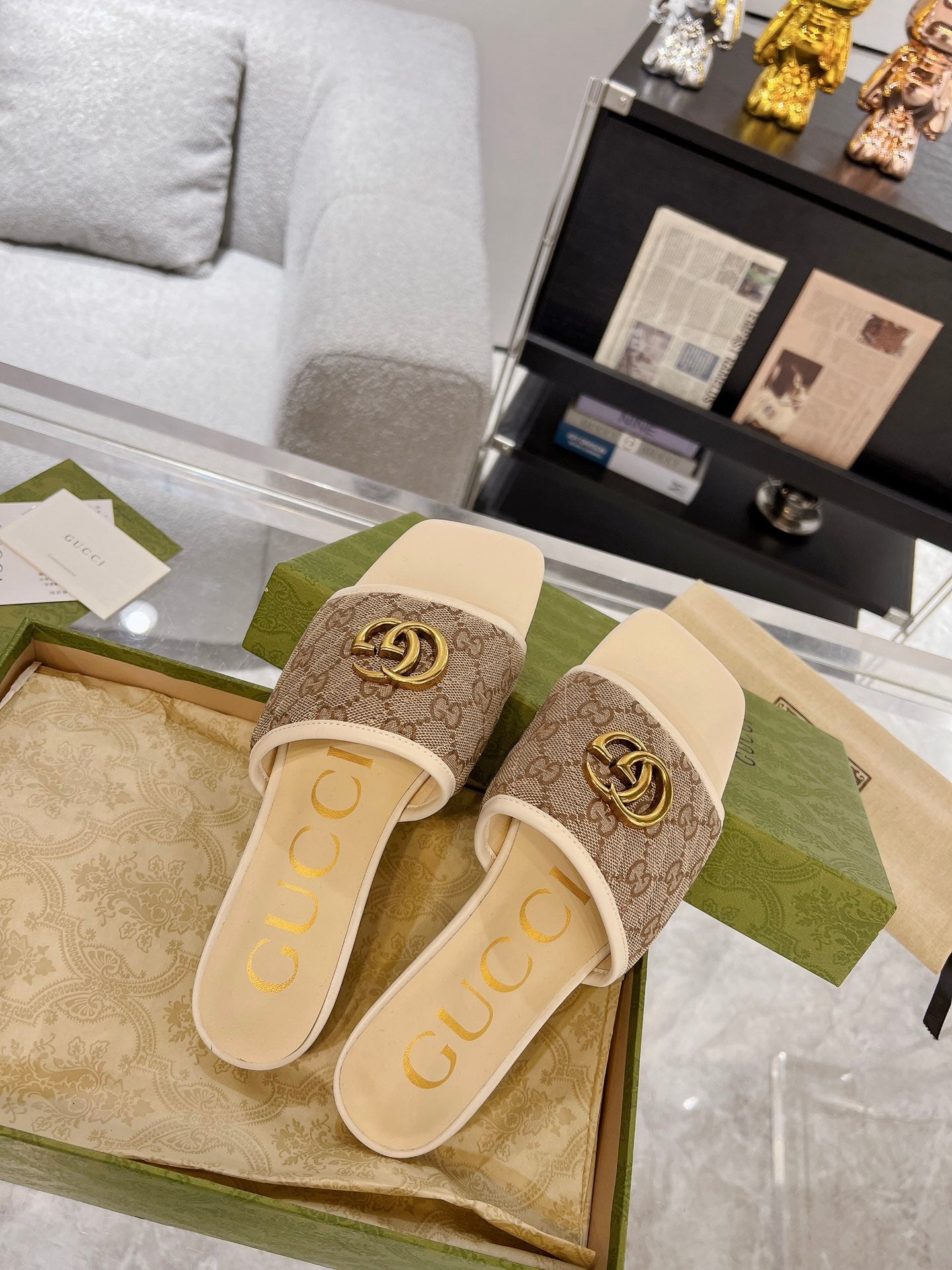 GG EXCLUSIVE SLIDE SANDAL IVORY AND BROWN FABRIC mysite