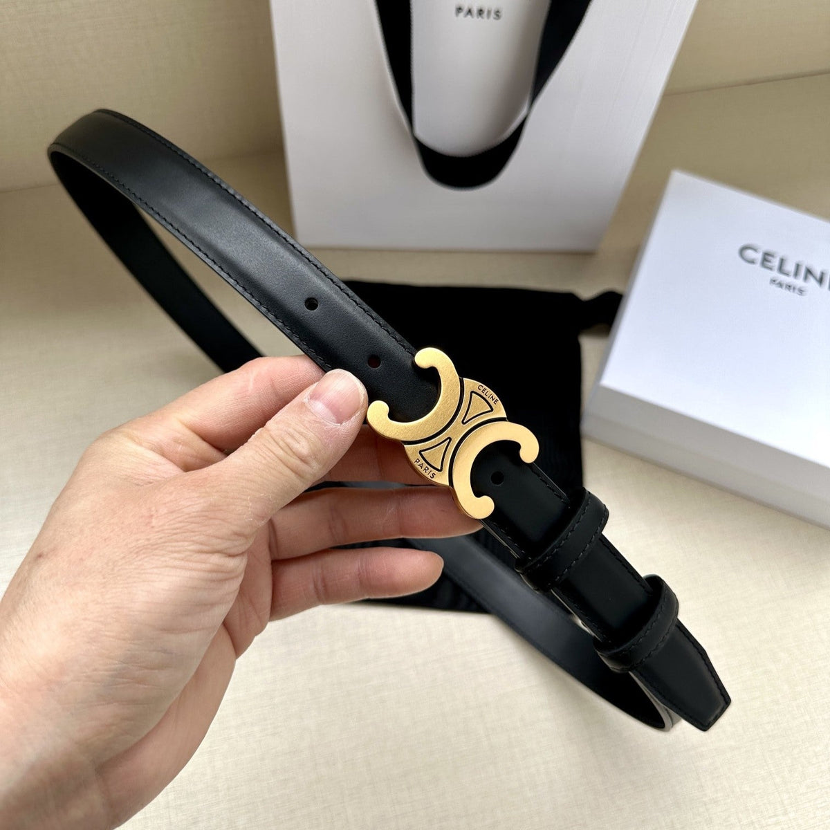 Medium Triomphe Belt 25mm Black Calfskin Gold Finishing mysite