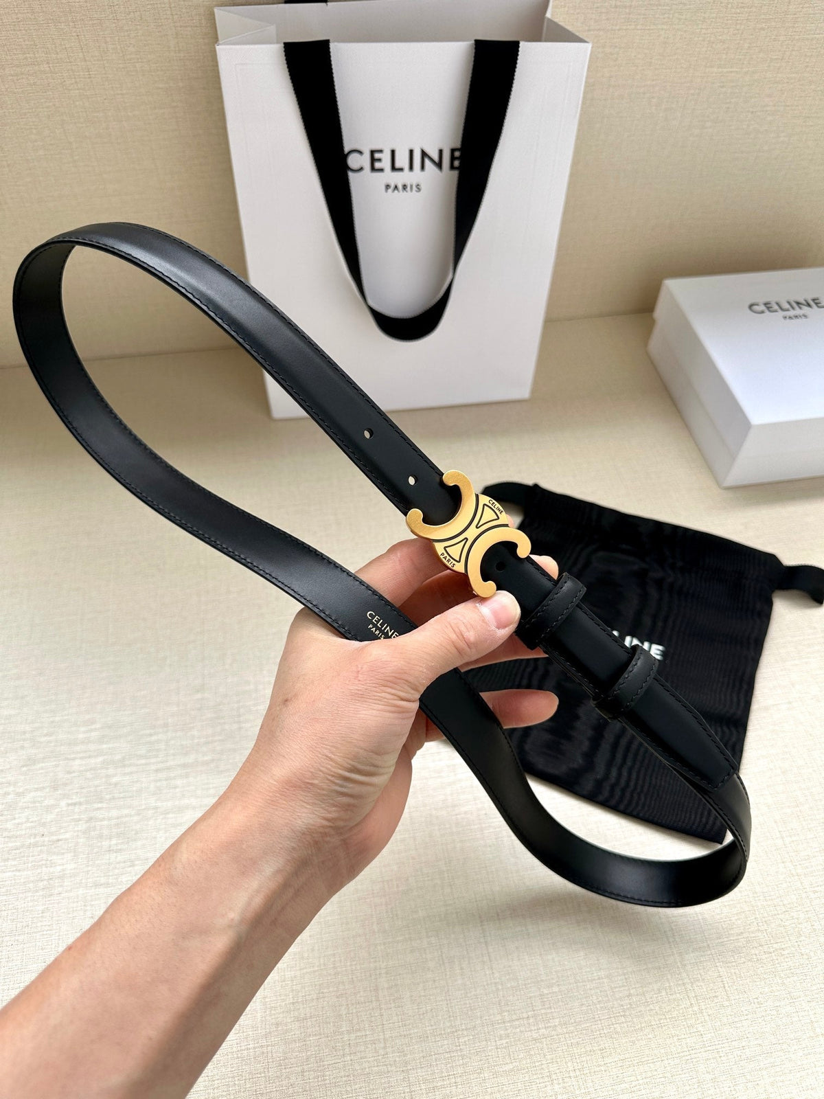 Medium Triomphe Belt 25mm Black Calfskin Gold Finishing mysite