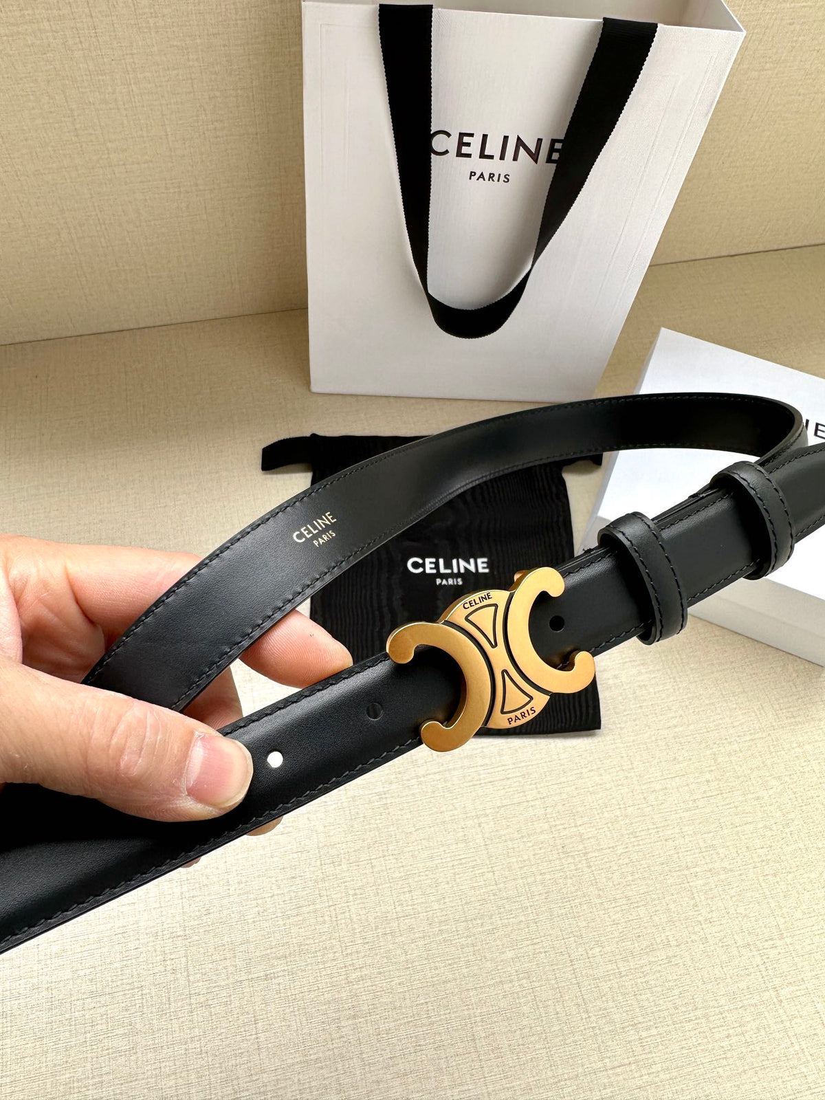 Medium Triomphe Belt 25mm Black Calfskin Gold Finishing mysite