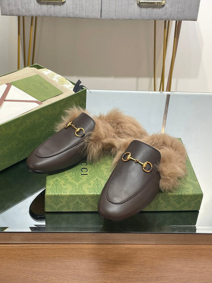HORSEBIT MULE IN MOCHA BROWN CALFSKIN AND LAMB WOOL LINING mysite