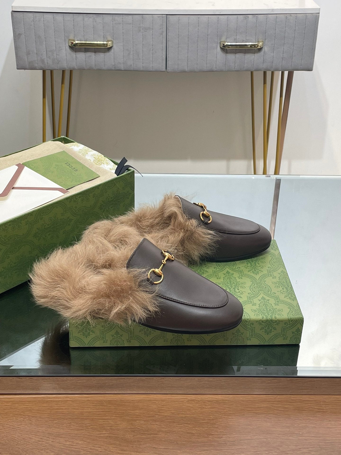 HORSEBIT MULE IN MOCHA BROWN CALFSKIN AND LAMB WOOL LINING mysite